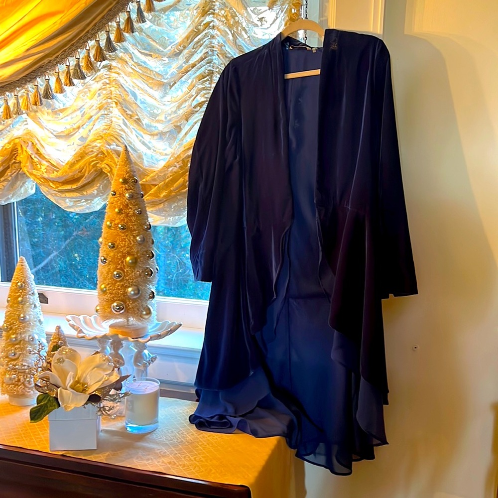 Soft Surroundings holiday blue velvet cardigan w/ silk accents Hanukkah Xmas xs